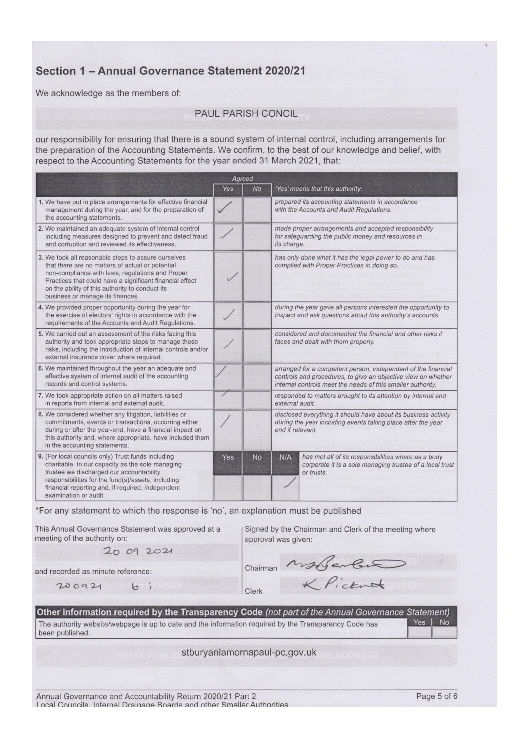 Paul AGAR Governance Statement 2020-21