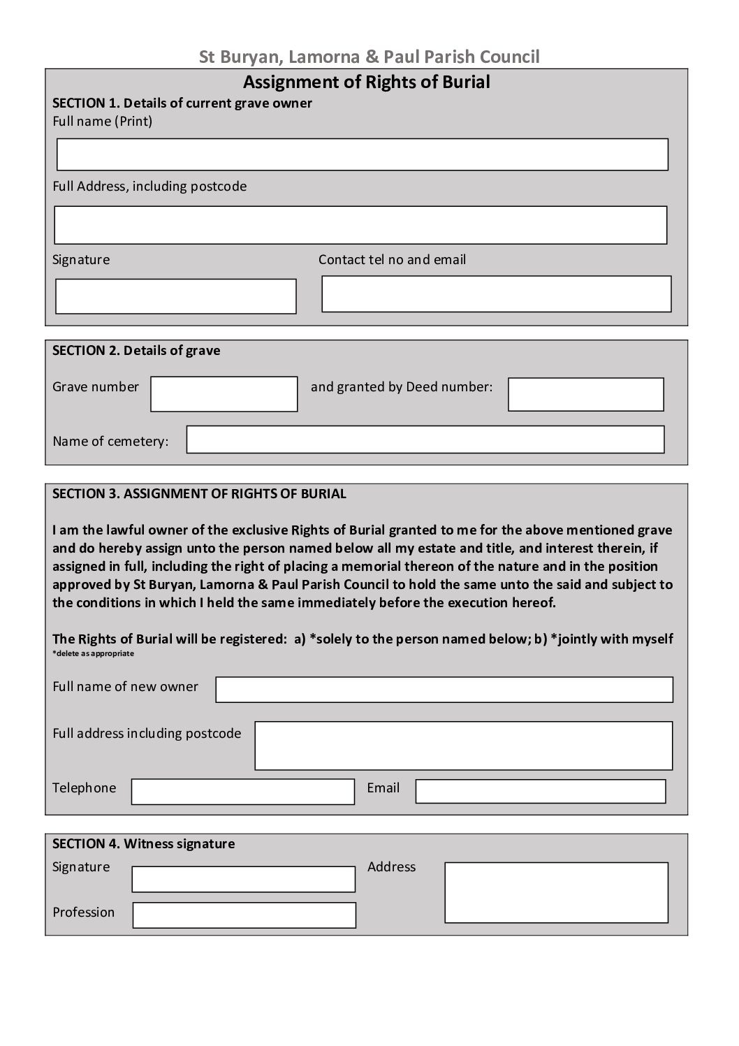 STBL Assignment of Rights of Burial