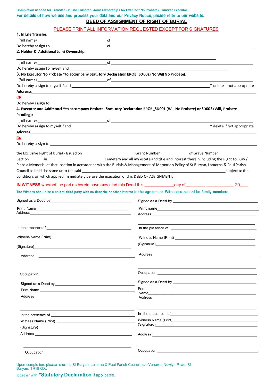 STBL Deed of Assignment of Burial EROB