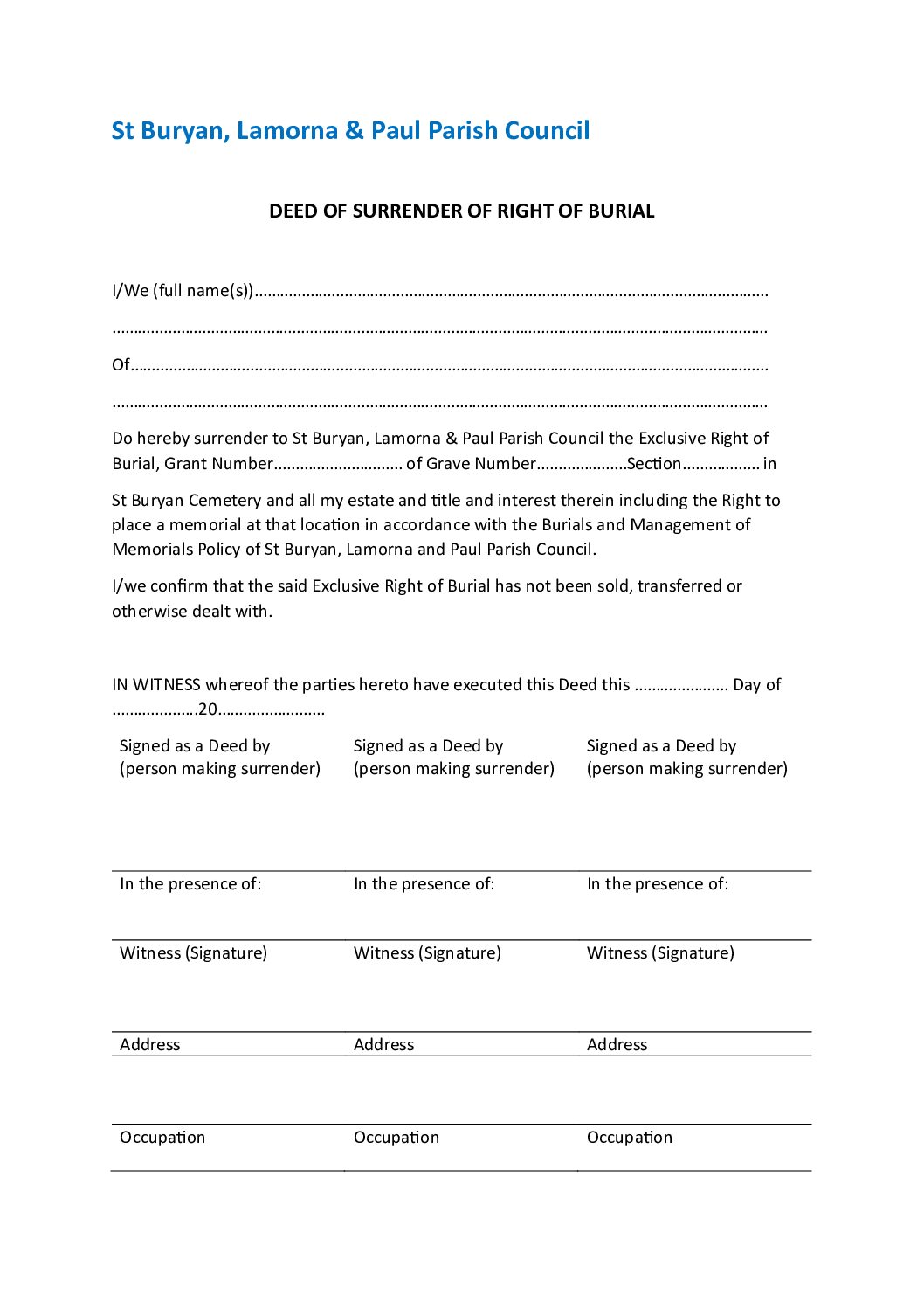 STBL Surrender of Exclusive Right of Burial