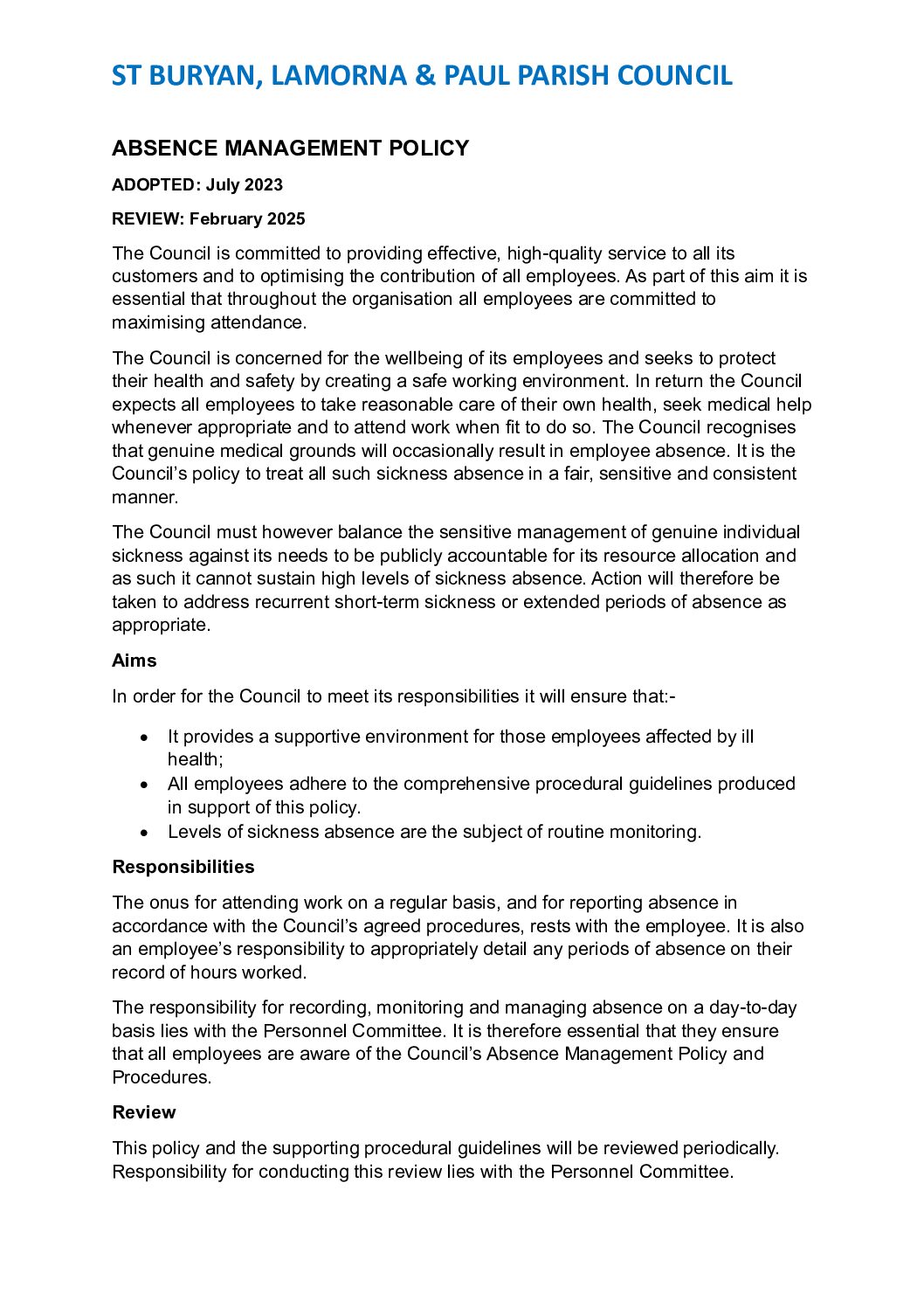 StBLP Absence Management Policy