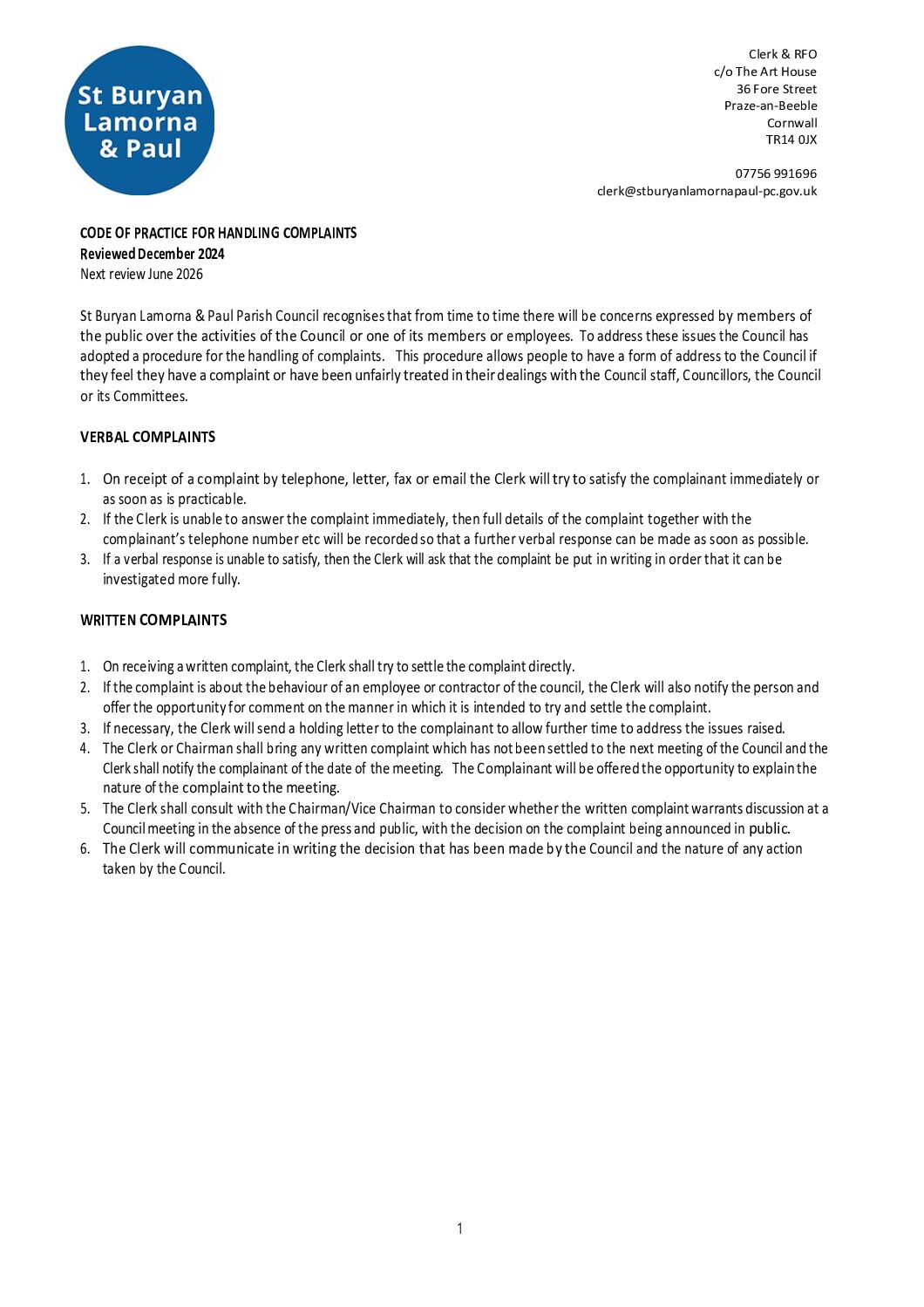 StBLP Complaints Handling Procedure