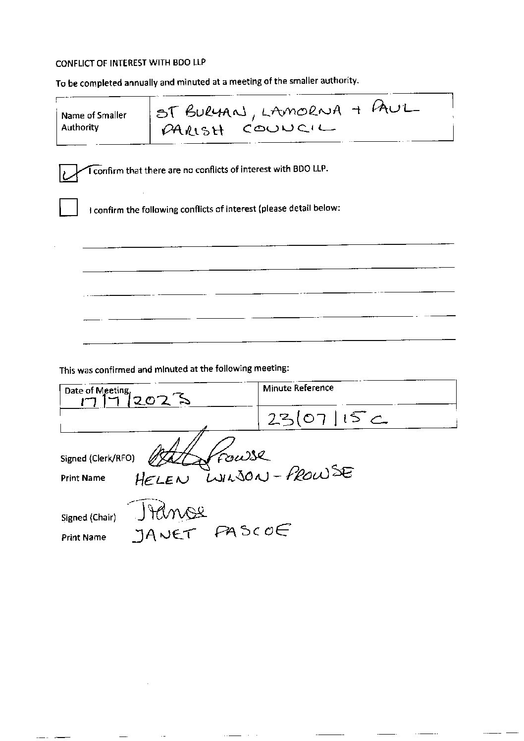 StBLP No Conflict of Interest BDO LLP 2022-23