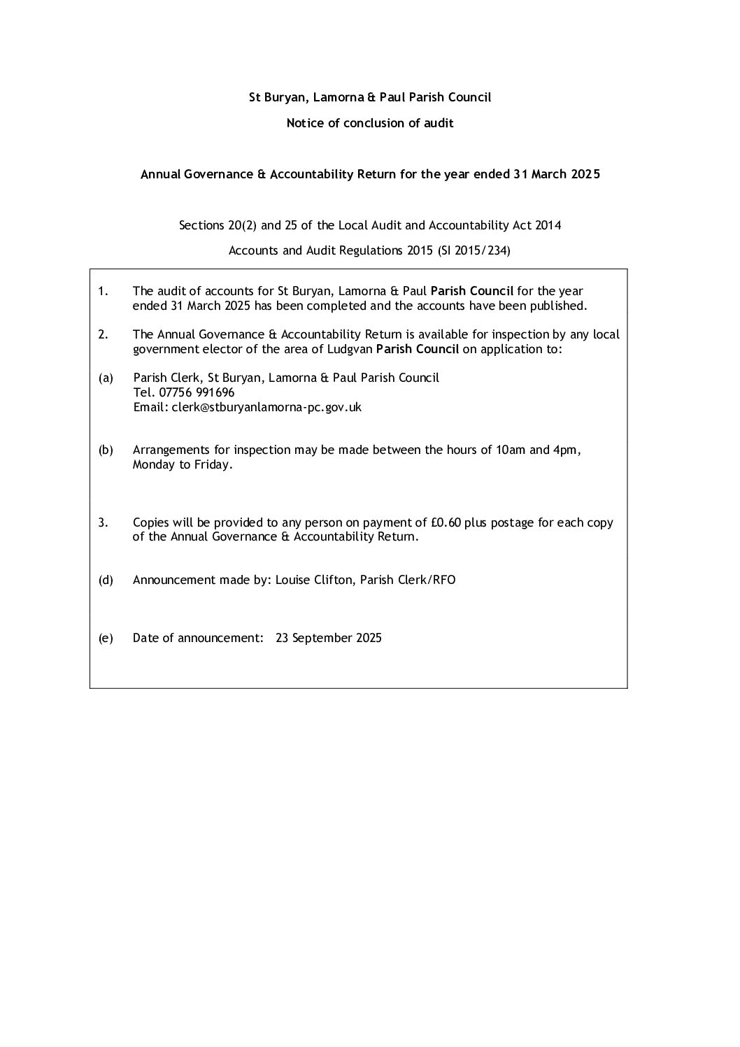 Notice of Conclusion of Audit StBLP 2024.25