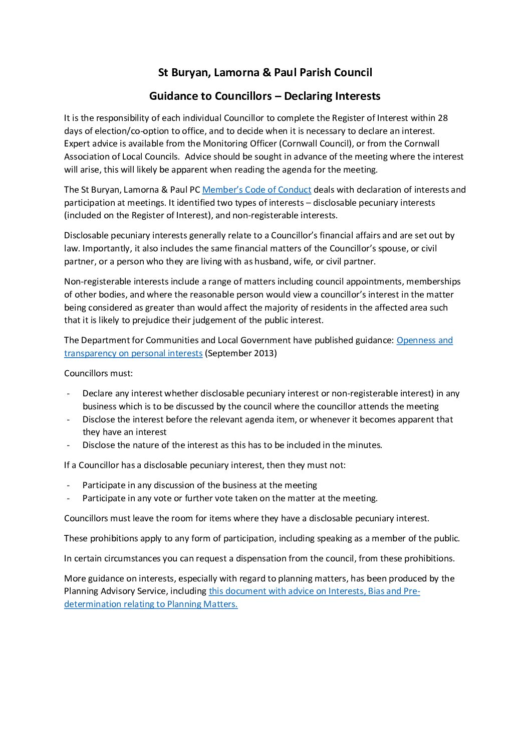 Guidance for parish councillors – Interests