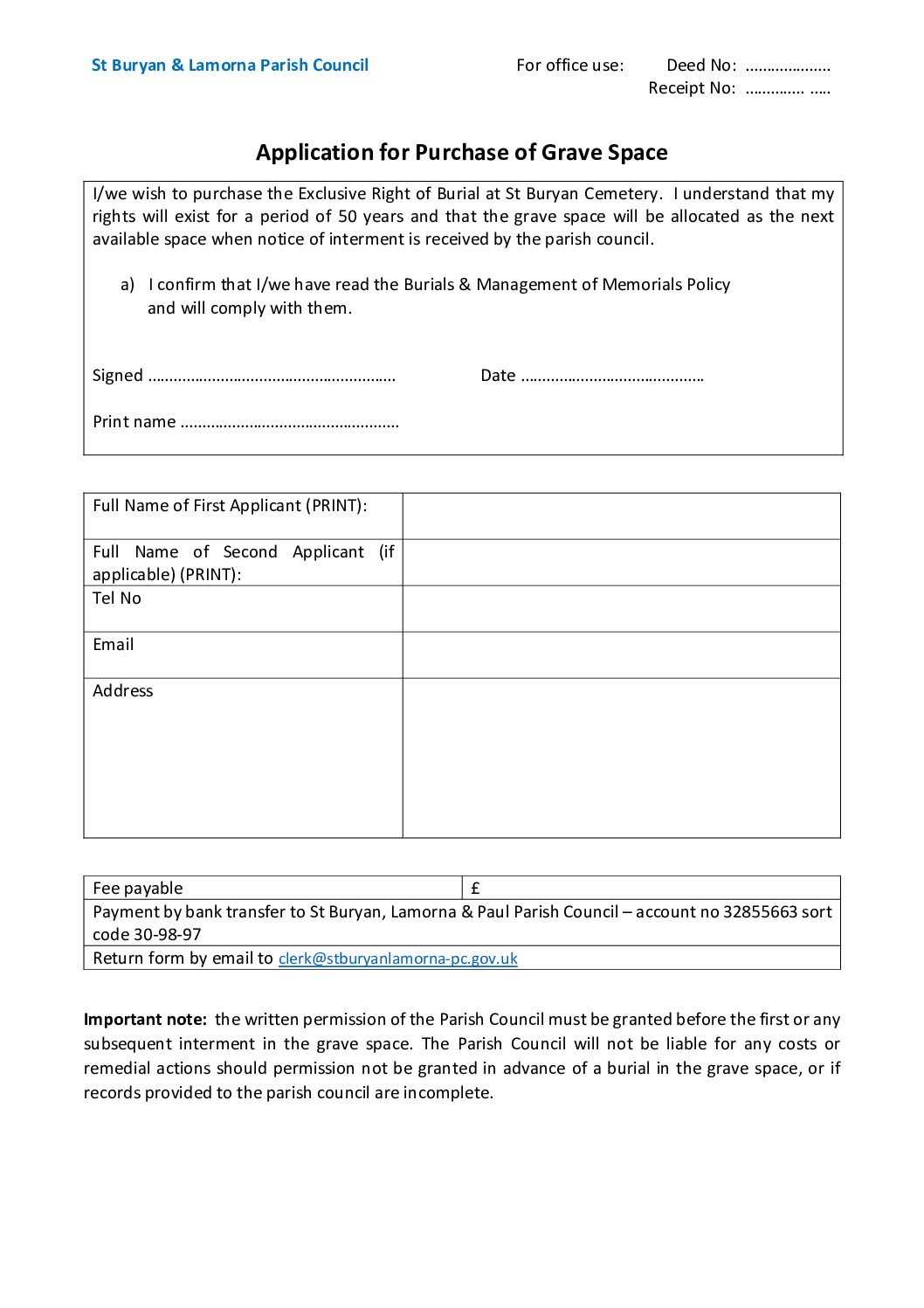 Application for the purchase of an Exclusive Right of Burial – updated January 2026