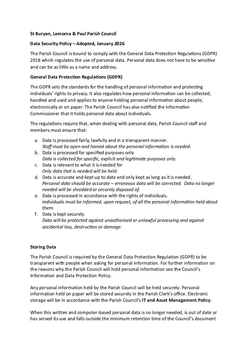 Data Security Policy – adopted January 2026