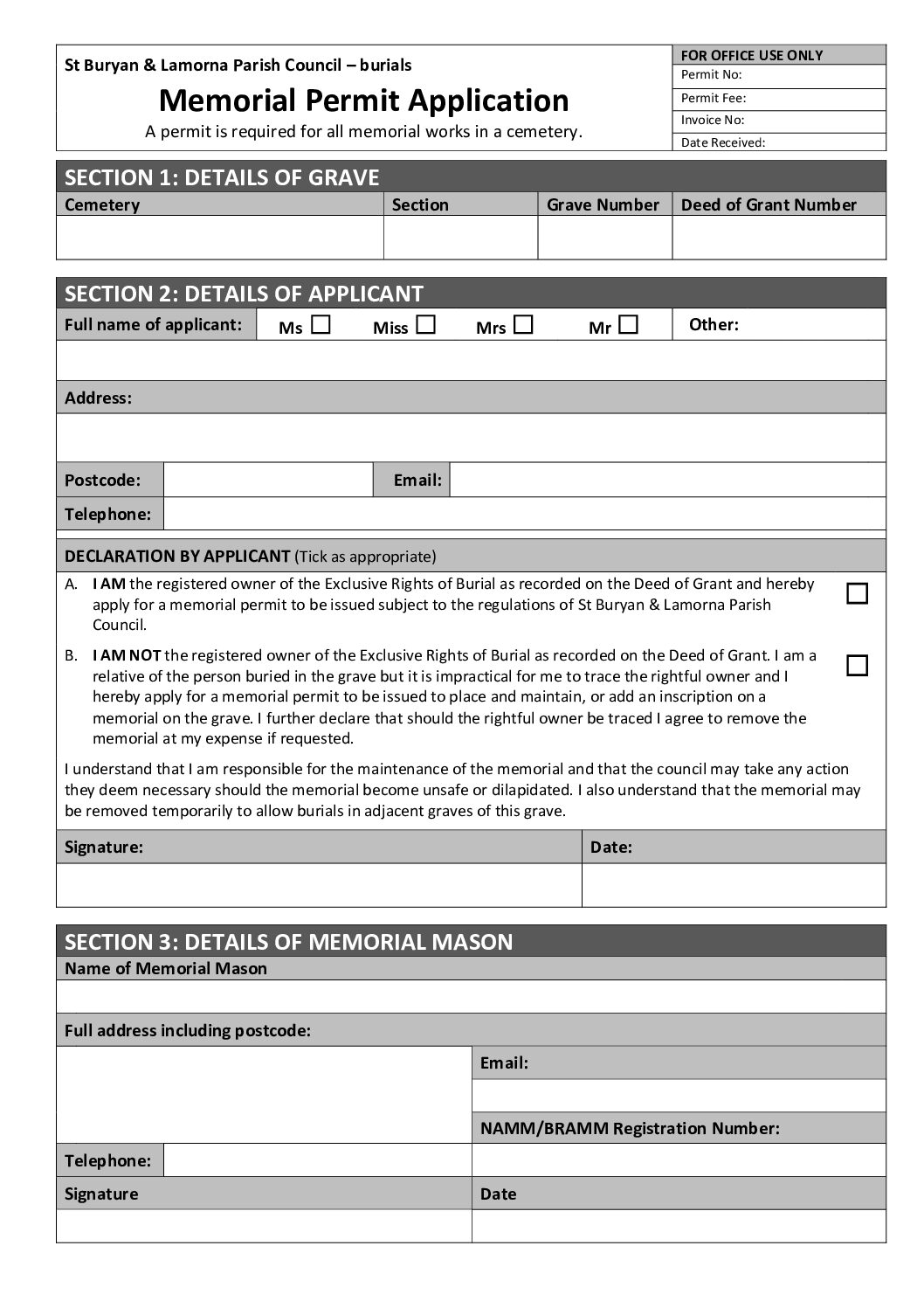 Memorial permit application – updated January 2026