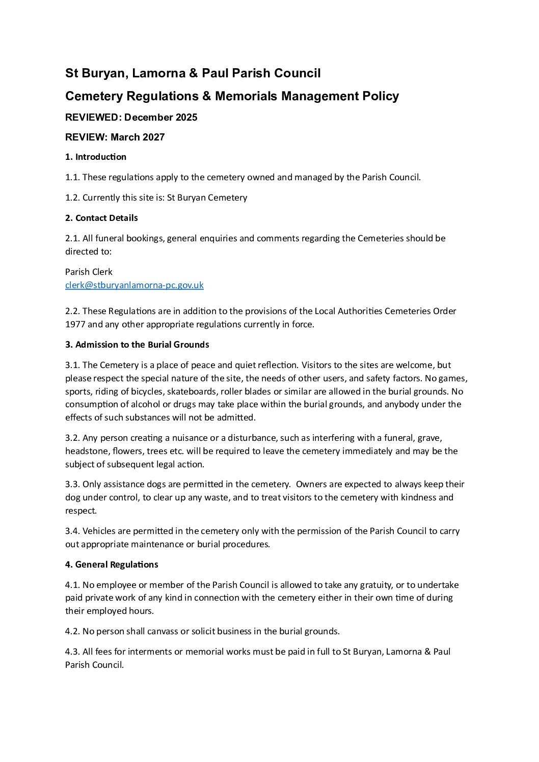 StBL Cemetery Regulations & Memorials Management Policy – Adopted December 2025