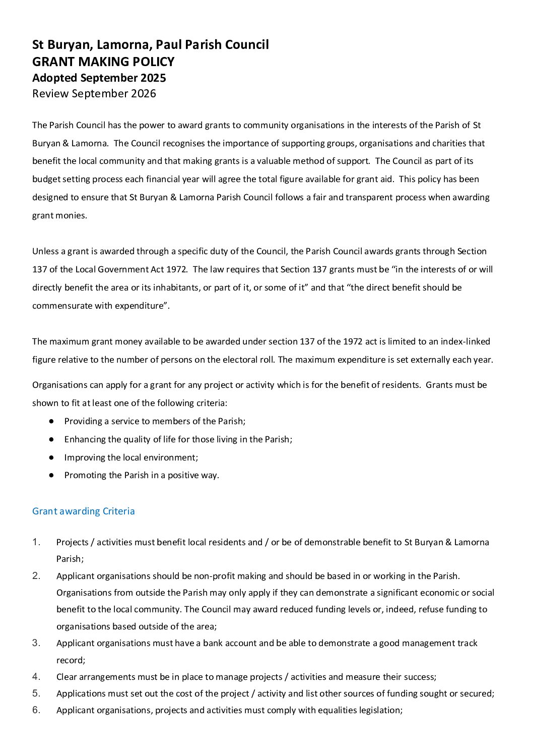 StBL Grants Policy – Adopted September 2025