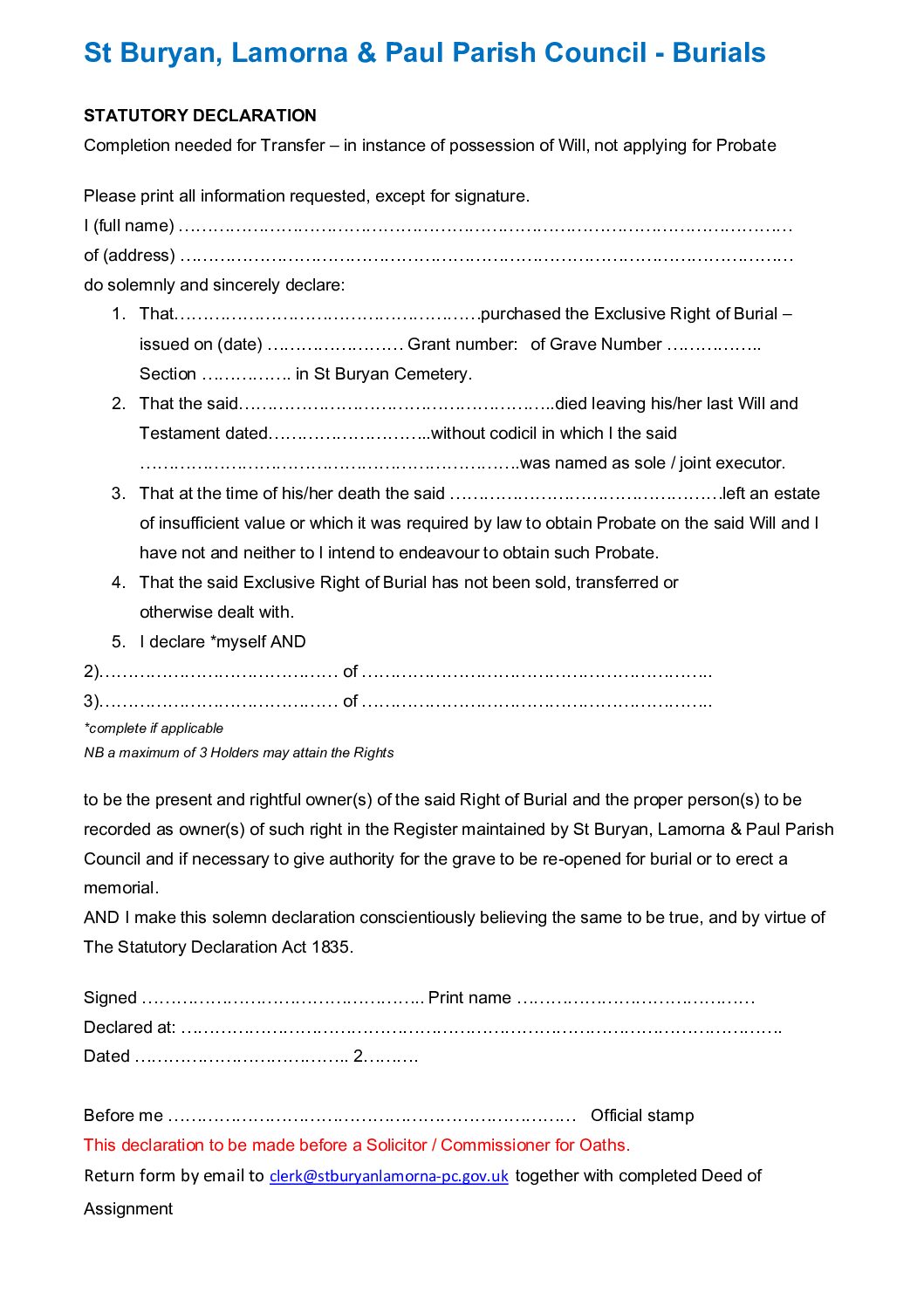 Statutory Declaration Will no Probate – updated January 2026