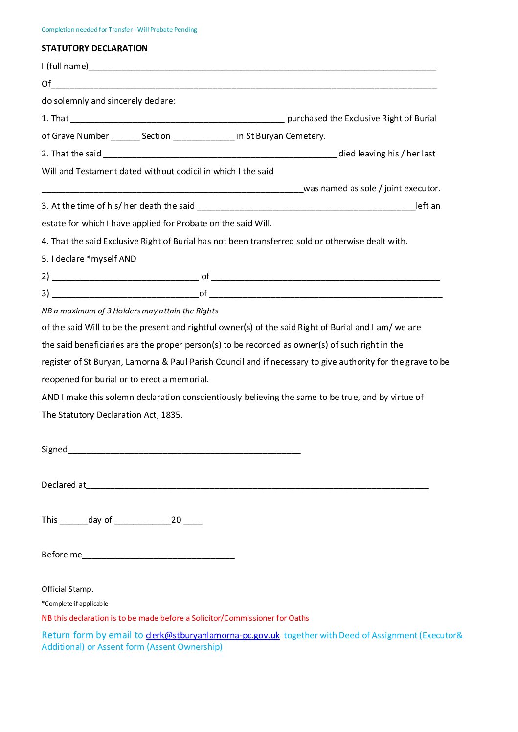 Statutory Declaration Will probate pending – updated January 2026