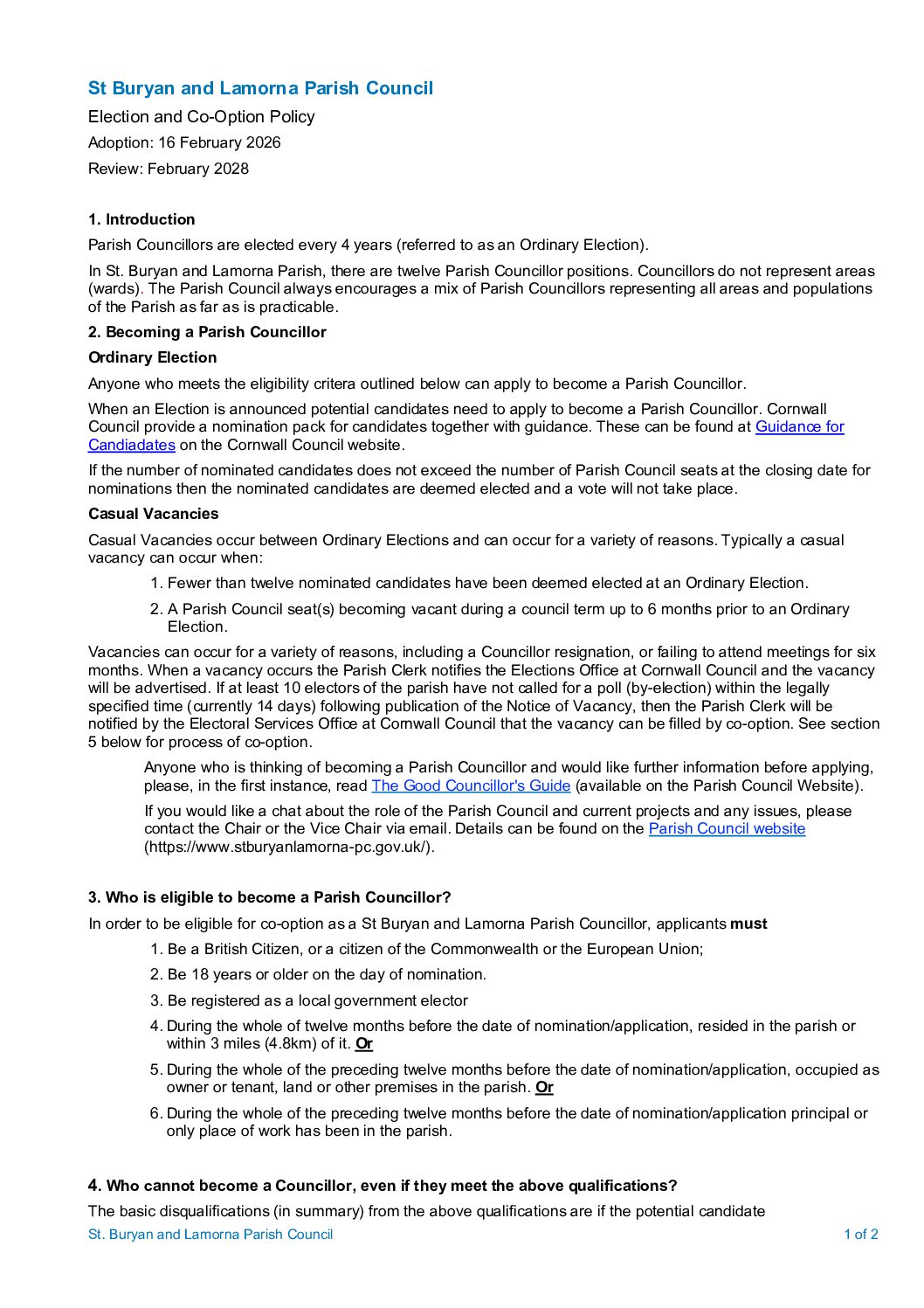 Election and Co-Option Policy Feb. 2026