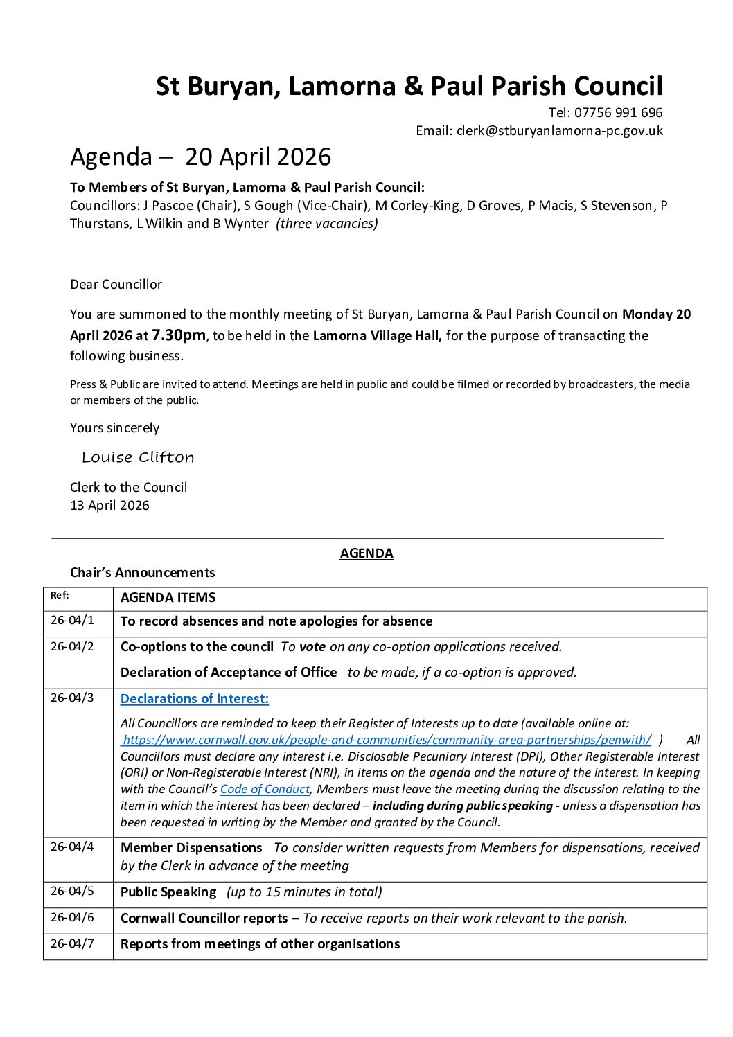 Agenda – 20 April 2026 Council meeting