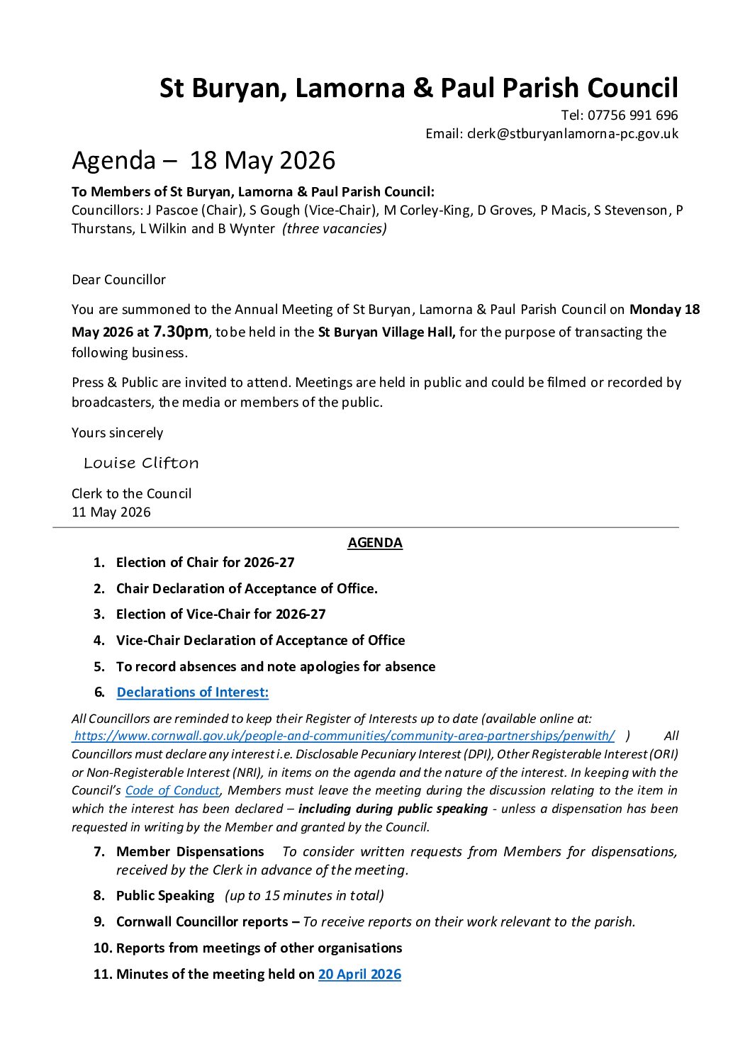 Agenda – 18 May 2026 – Annual Council Meeting