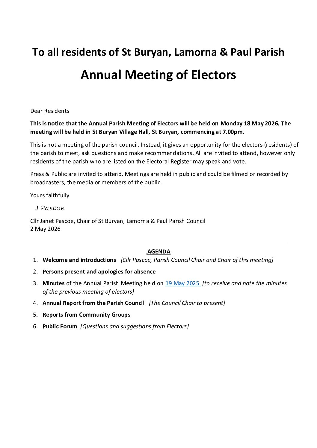 18 May 2025 – Agenda for Annual Parish Meeting of Electors