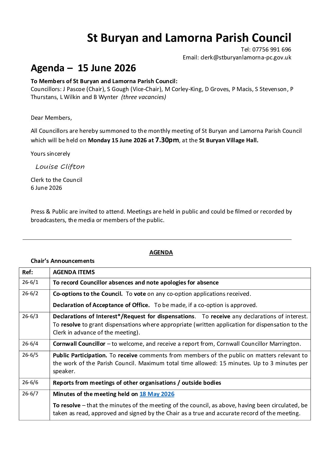 15 June 2026 – Agenda for council meeting – StBLP