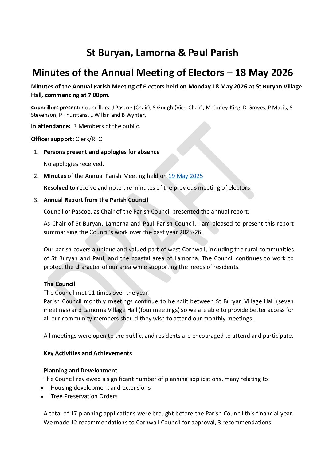 18 May 2026 – Minutes, Annual Parish Meeting of Electors – DRAFT
