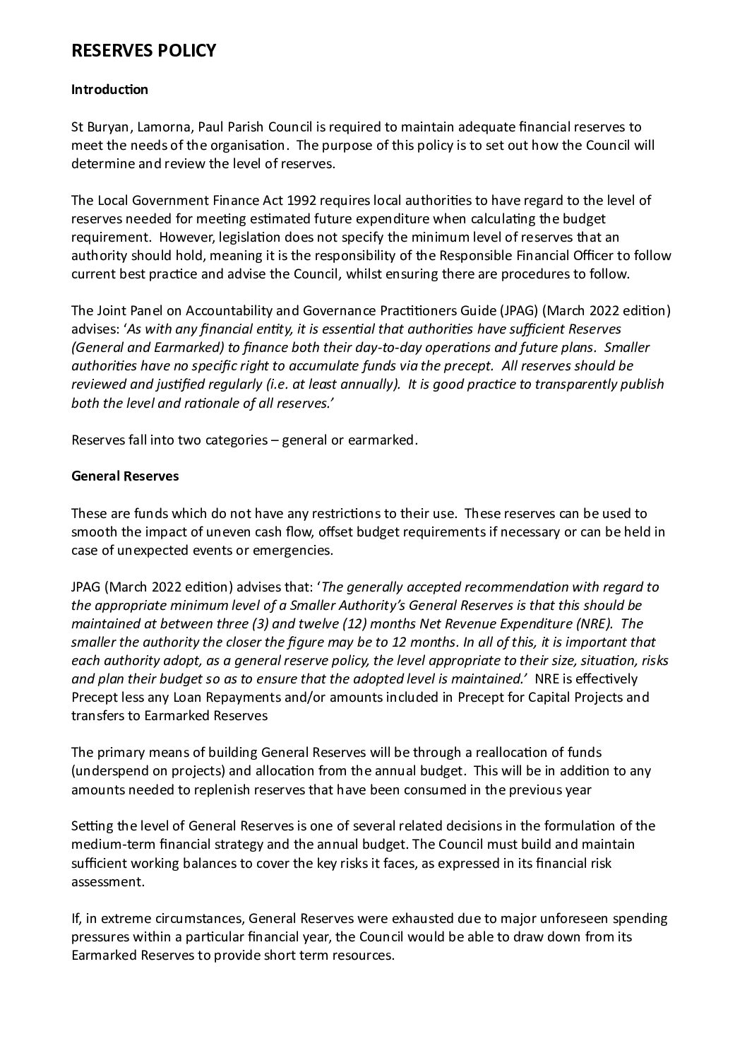 Reserves Policy – April 2026 – adopted