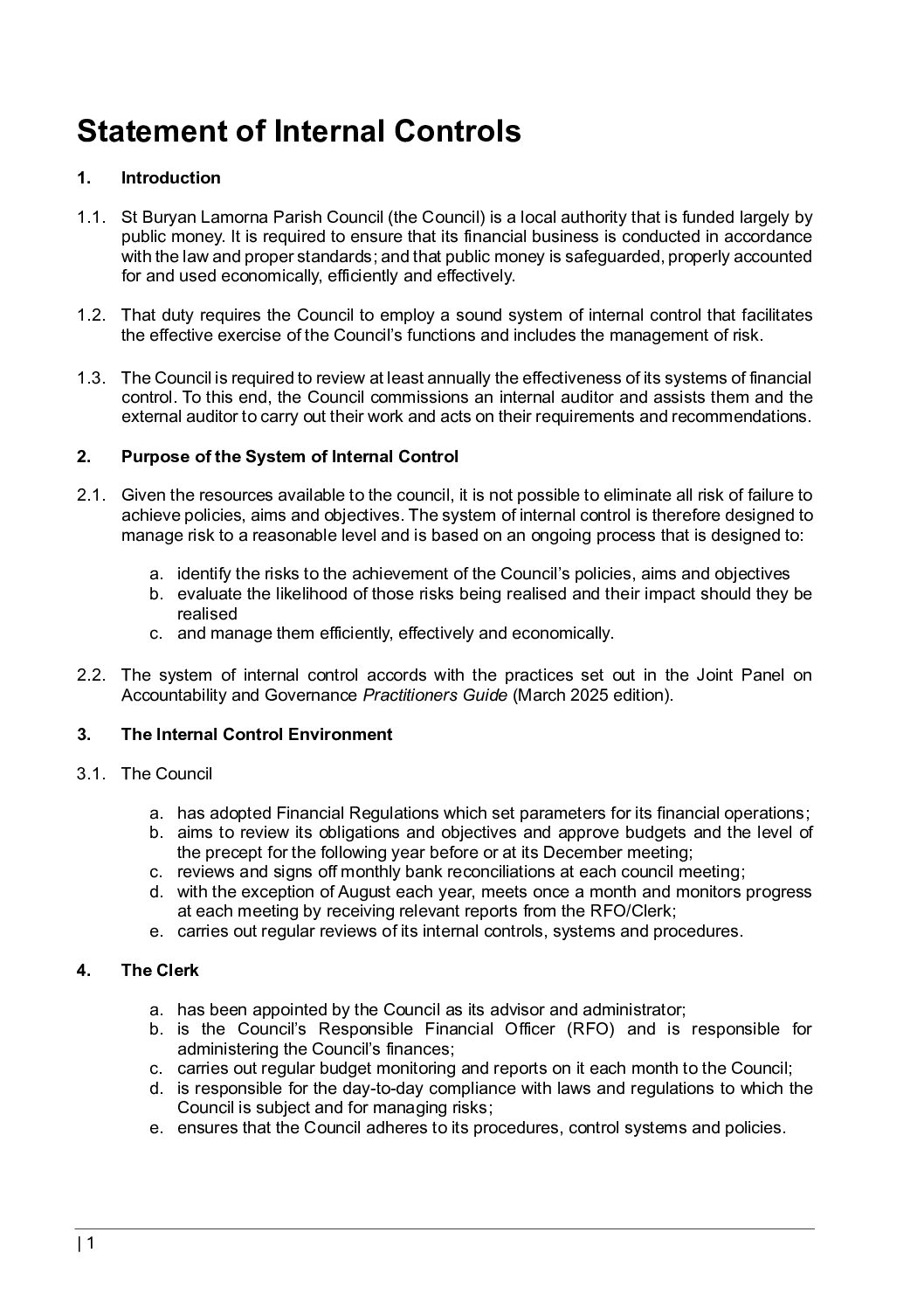 Statement of Internal Controls – adopted April 2026