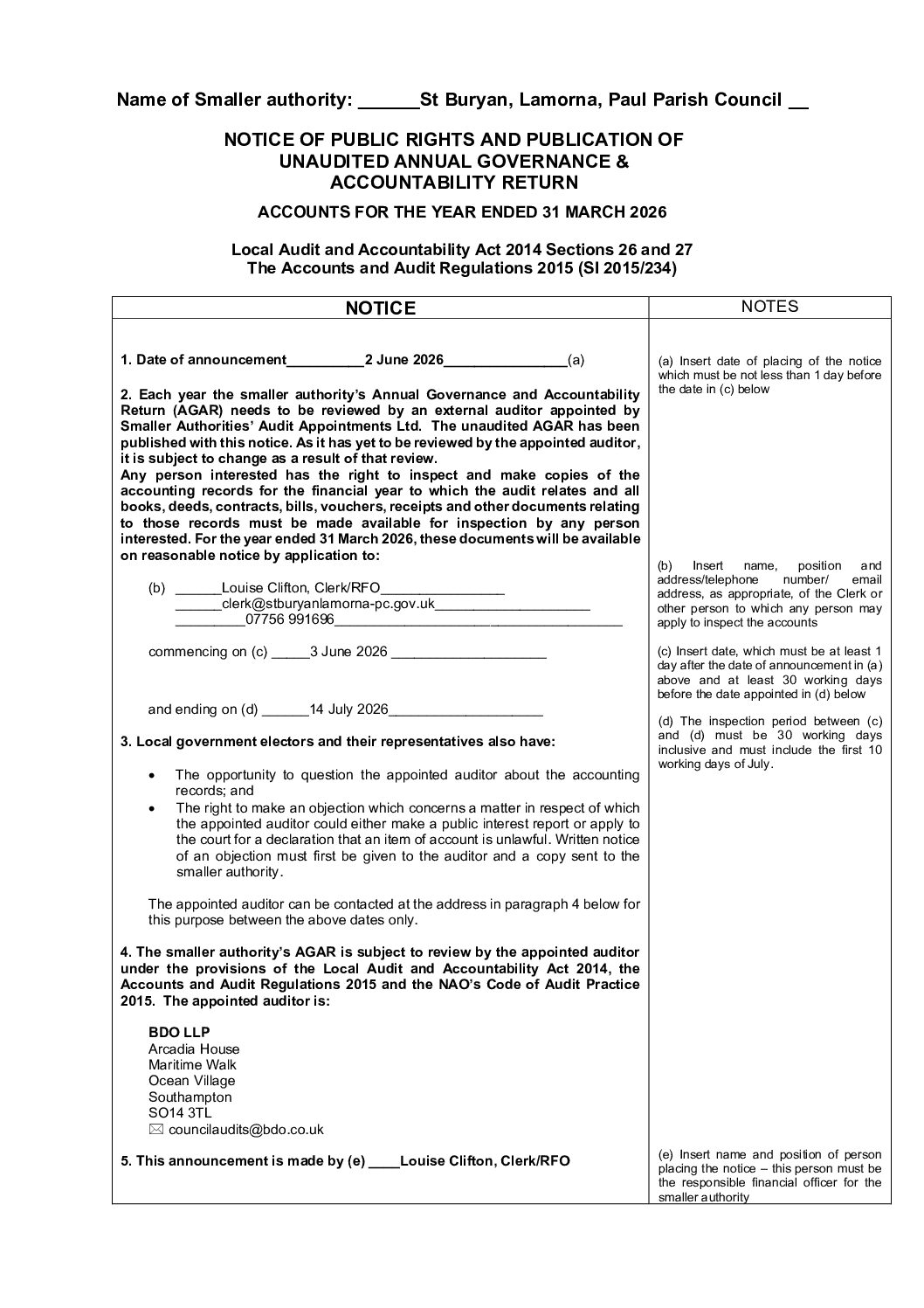 Notice for the period of public rights 2025-2026