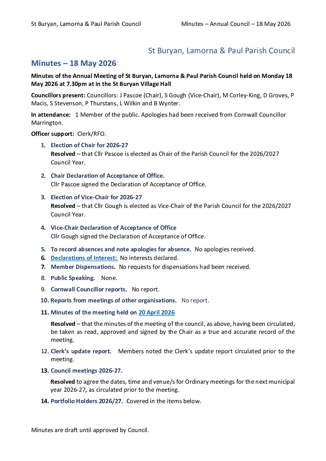 18 May 2026 – Minutes, Annual Council StBLP