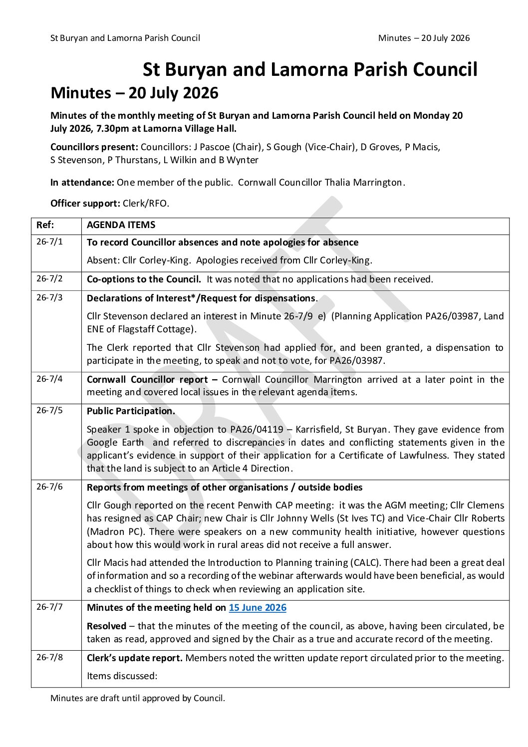 20 July 2026 Council Minutes – StBL – DRAFT