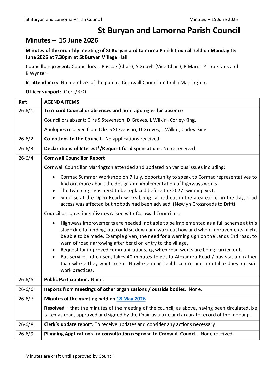 15 June 2026 – Minutes, Council meeting