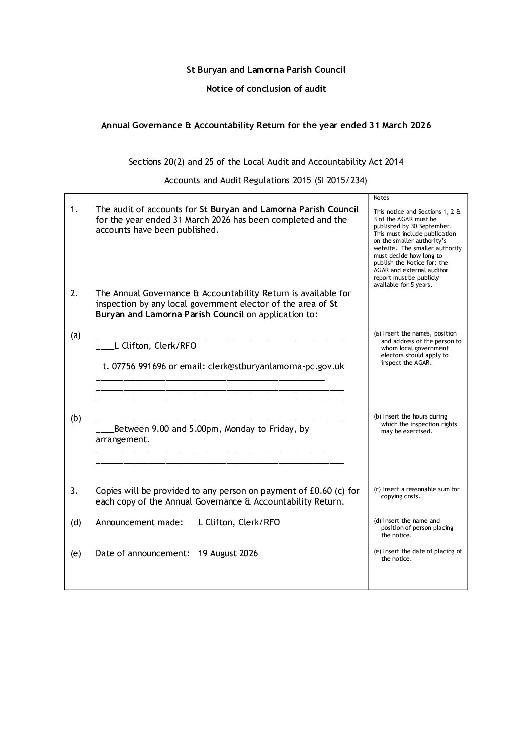 Notice of Conclusion of Audit 2025-26 – St BL PC